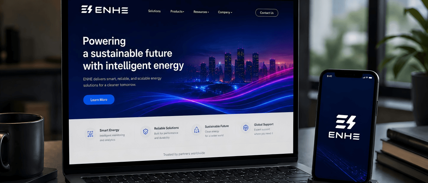 ENHE AI website shown on a laptop and phone